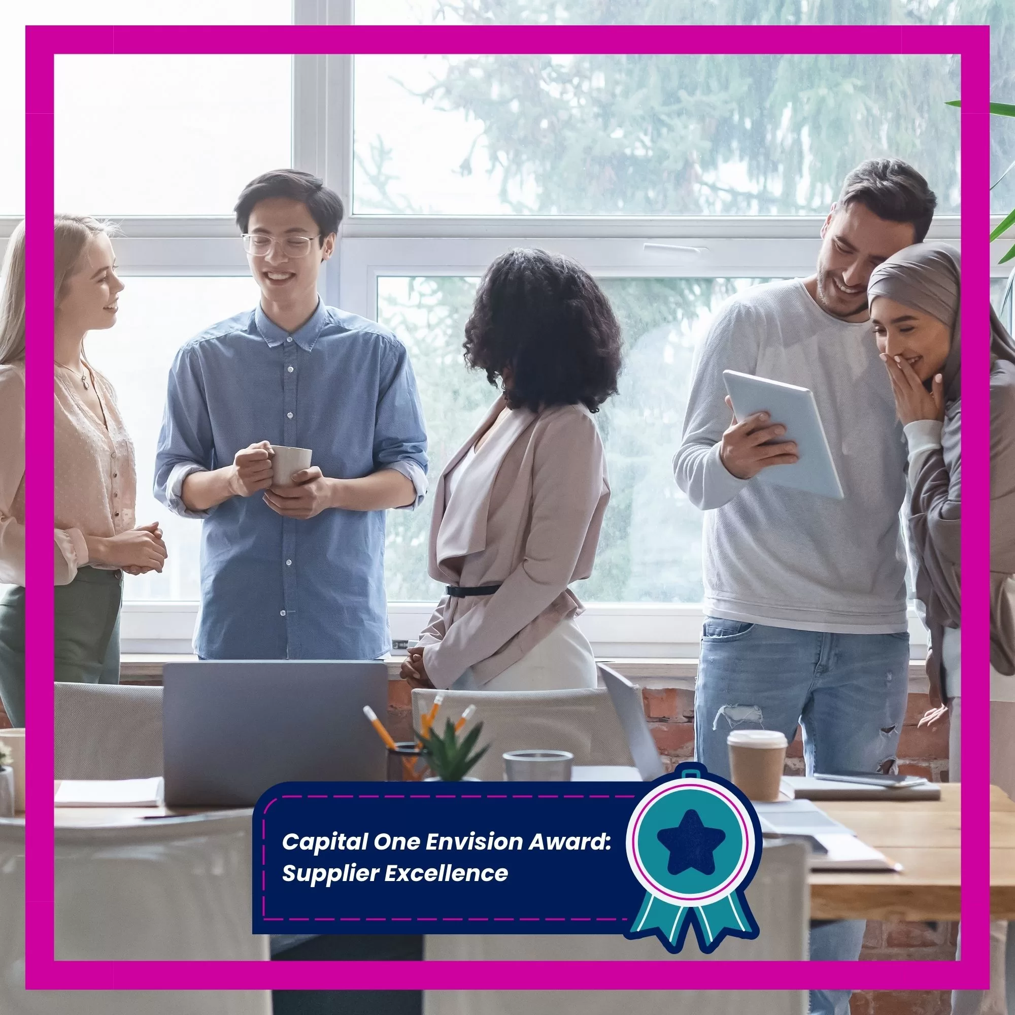 Diverse people collaborating with INGCO's Global Growth Partner and a text that reads Capital One Envision Award: Supplier Excellence