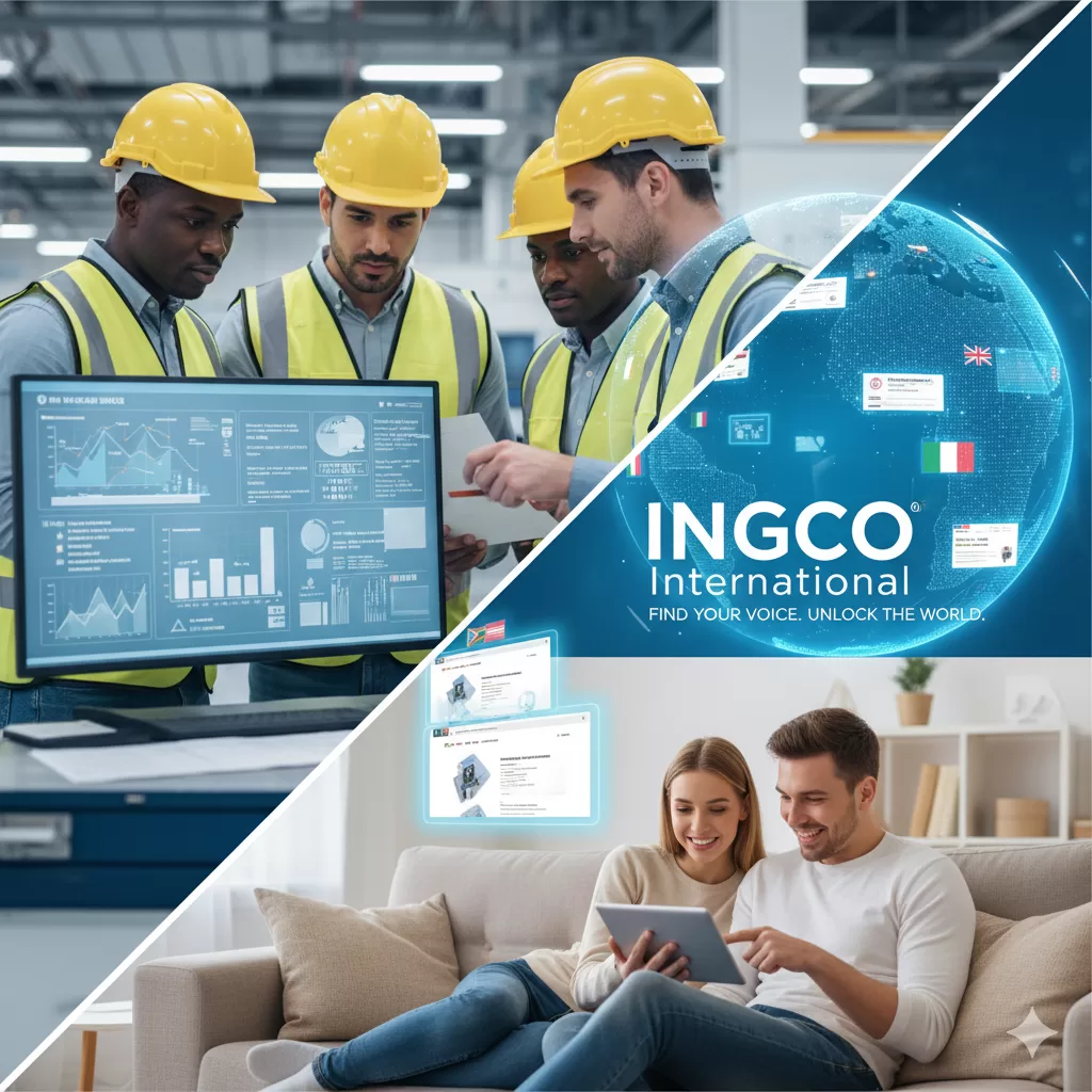 Split image. Image 1: manufacturing plant. Image 2: couple on couch with iPad.